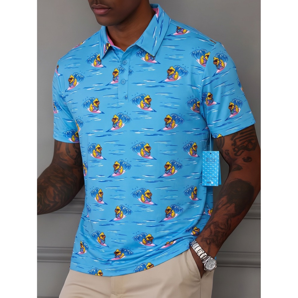 Birdie Bound Polo Shirt Mens M Blue Surfing Duck Performance UPF 50+ Stretch